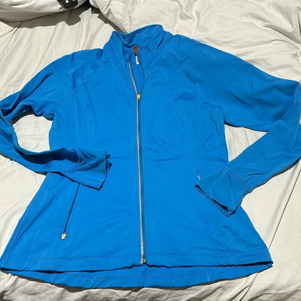Lucy L nylon spandex blue full front zip running jacket key thumb holes euc